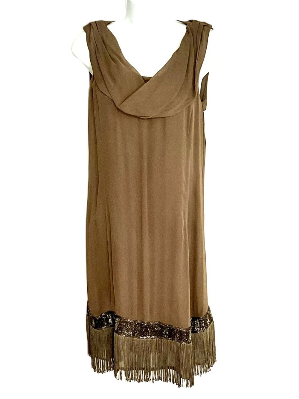 LIU JO Fringe Hem Sleeveless Dress Viscose Cowl Neck Beaded Trim Size 42